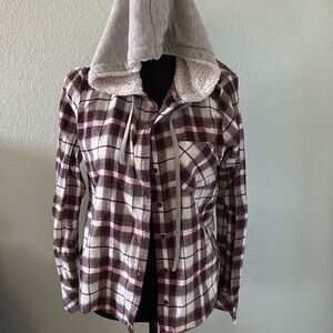 Flannel plaid long sleeve with fleece hood